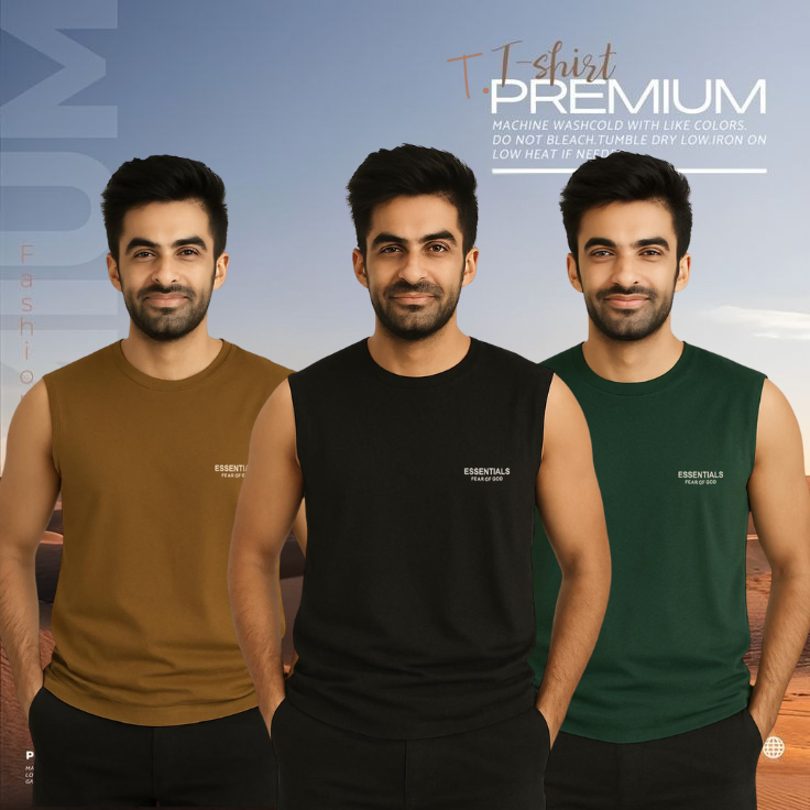 🔥 3 Pieces Sleeveless T-Shirt, Brown & Black & Green কম্বো – বেশি নিন, কম খরচ করুন! 🔥